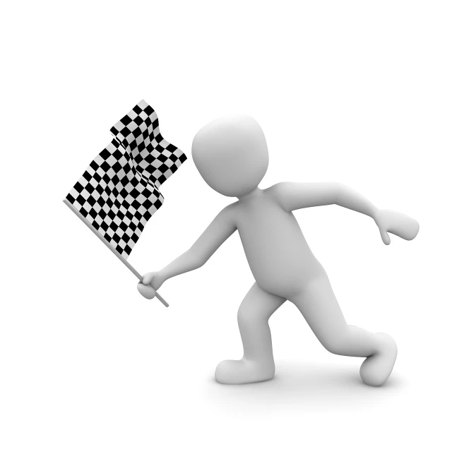 a person is running with a checkered flag, a picture, cg, 1 figure only, clean photo, white