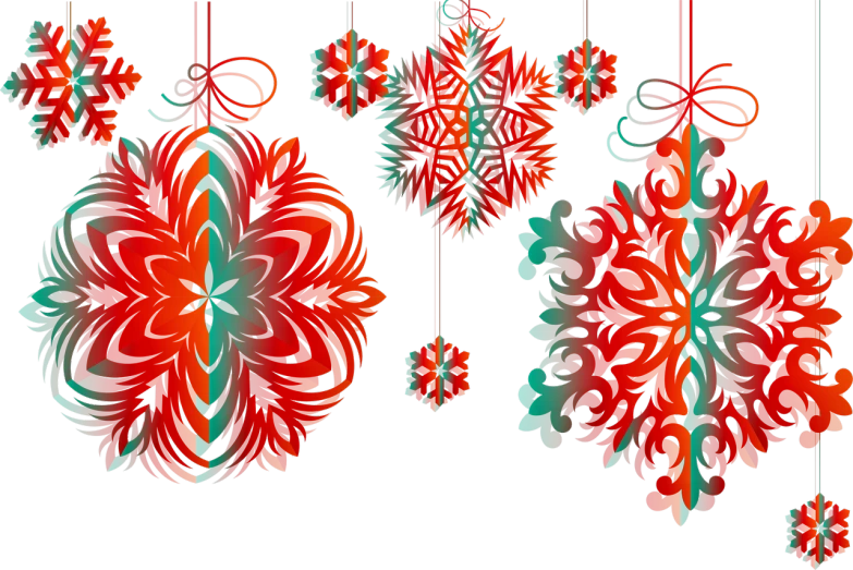 a bunch of paper flowers hanging from strings, a digital rendering, inspired by Gustave Baumann, shutterstock, red and obsidian neon, christmas, symmetry illustration, intricate details illustration