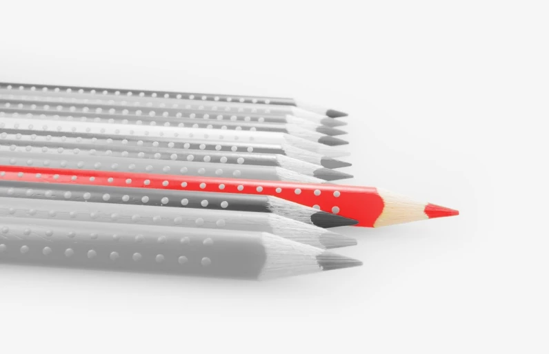 a group of pencils sitting on top of each other, a stipple, by Jan Kupecký, monochrome and red color bleed, product design render, close-up product photo, drawn with dots