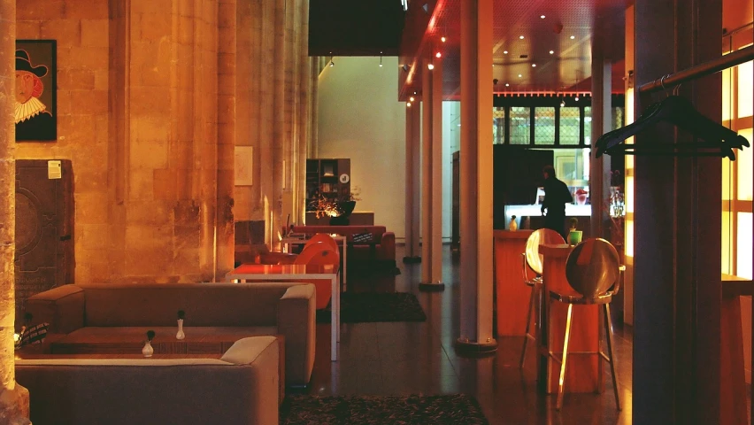 the inside of a restaurant with tables and chairs, flickr, altermodern, interior of the old cathedral, lounge room, fiery, cocktail bar