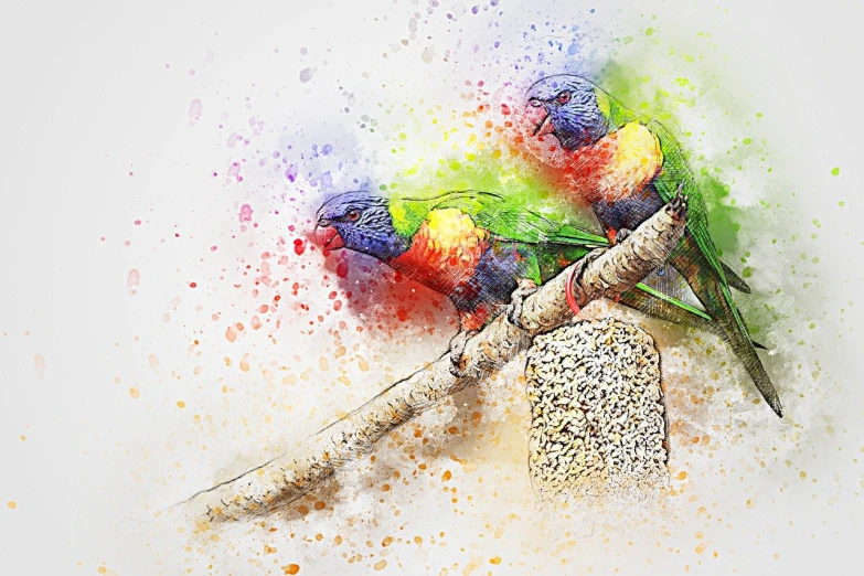 a group of colorful birds sitting on top of a tree branch, a pointillism painting, by Zahari Zograf, trending on pixabay, crayon art, beautiful brush stroke rendering, watercolor artwork of exotic, pararel, with a white background