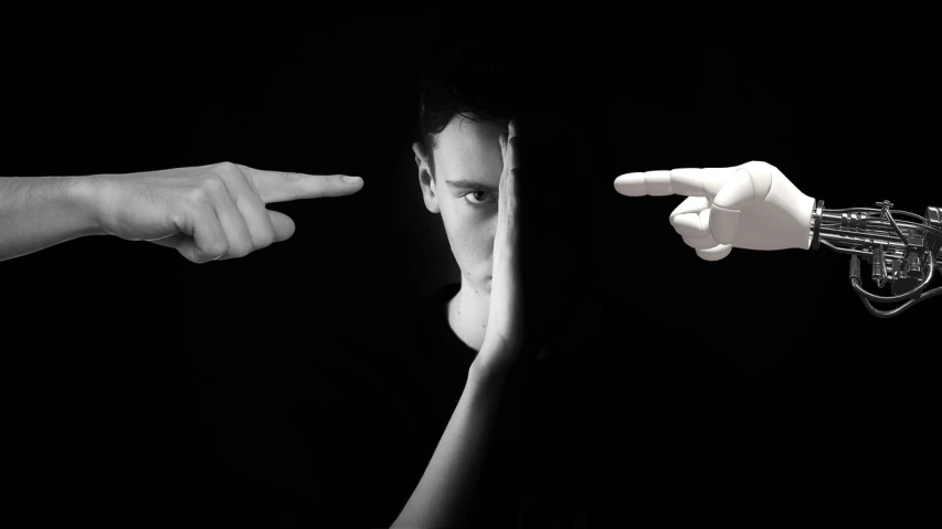 a black and white photo of a person pointing at a gun, by Andrei Kolkoutine, pixabay, realism, speak no evil, male teenager, a portrait of @hypnos_onc, two pointed ears