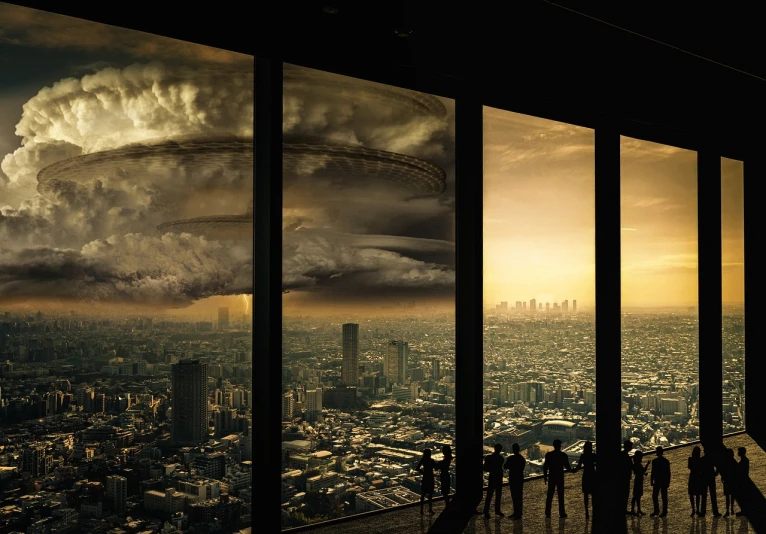 a group of people standing on top of a building, a matte painting, by Jon Coffelt, pexels contest winner, surrealism, apocalypse hurricane storm, view from window on megapolis, tokyo background, panspermia