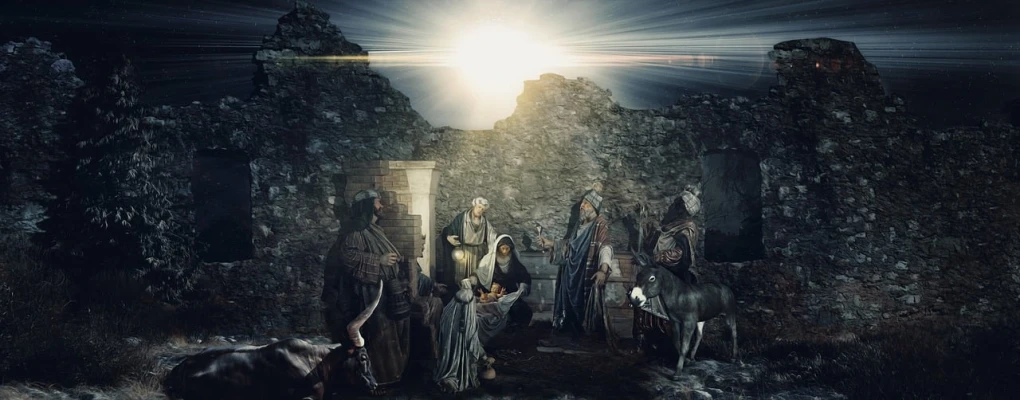 a group of people that are standing in the dirt, a digital rendering, pixabay contest winner, renaissance, christmas night, wall, god - rays, very accurate photo