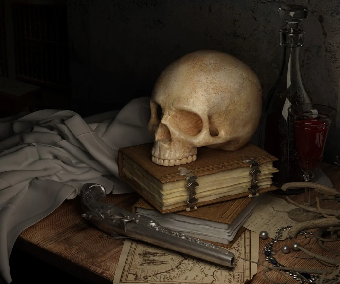 a skull sitting on top of a pile of books, a still life, zbrush central contest winner, vanitas, in a medieval tavern at night, 8k octae render photo, high quality fantasy stock photo