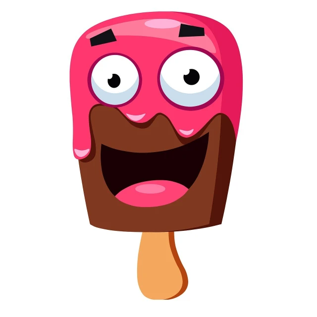 a cartoon ice cream covered in pink icing, vector art, ecstatic face expression, style of super meat boy, laughing emoji, cartoon style illustration