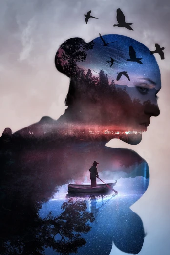 a man in a boat with birds flying over his head, inspired by mads berg, digital art, mysterious portrait of a woman, movie promotional image, riverside, silhouette