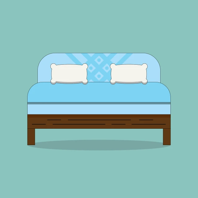 a bed with two pillows on top of it, an illustration of, flat color, relaxed. blue background, finely detailed furniture, wood