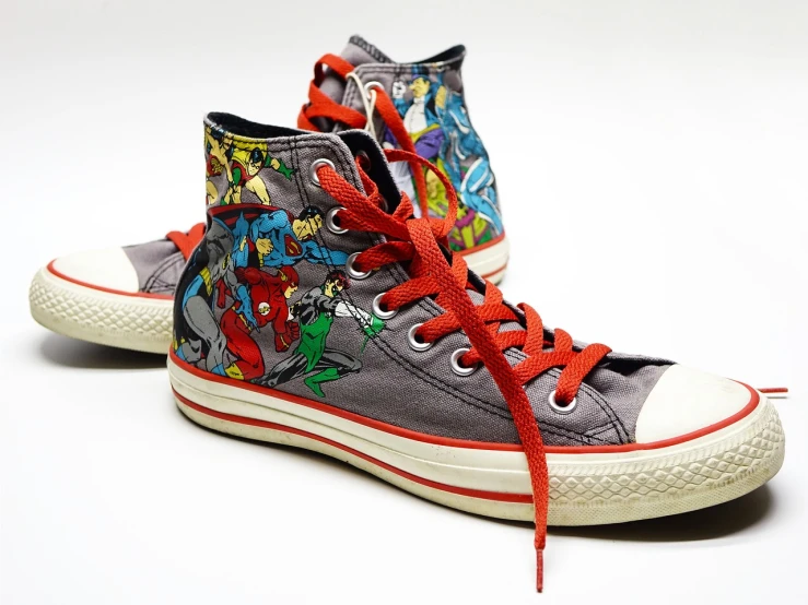 a pair of grey sneakers with red laces, pop art, marvel comic book characters, converse, 8 к, batman