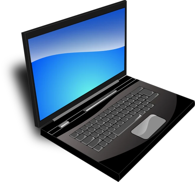 a black laptop computer with a blue screen, a computer rendering, by Gen Paul, free, case, flat panels, full page black