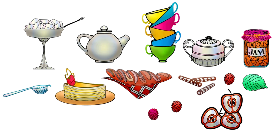 a bunch of items sitting on top of a table, by Odhise Paskali, trending on pixabay, conceptual art, seinfeld fancy tea party, on black background, clip art, desserts