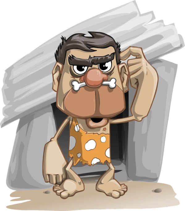 a cartoon man with an angry look on his face, concept art, by Aleksander Gierymski, pixabay contest winner, mingei, one caveman is cowering in fear, box, hut, subgenius