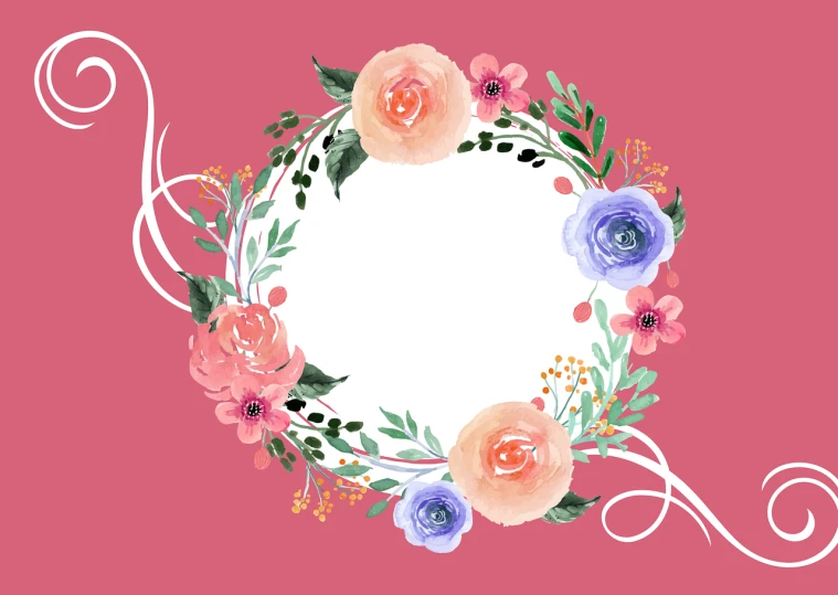 a wreath of flowers on a pink background, inspired by Hasegawa Tōhaku, romanticism, watercolor style, front and center, round background, ribbon