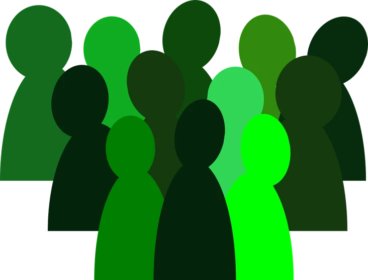 a group of green people standing next to each other, by Gawen Hamilton, trending on pixabay, digital art, gradient from green to black, wikihow illustration, people's silhouettes close up, ancestors