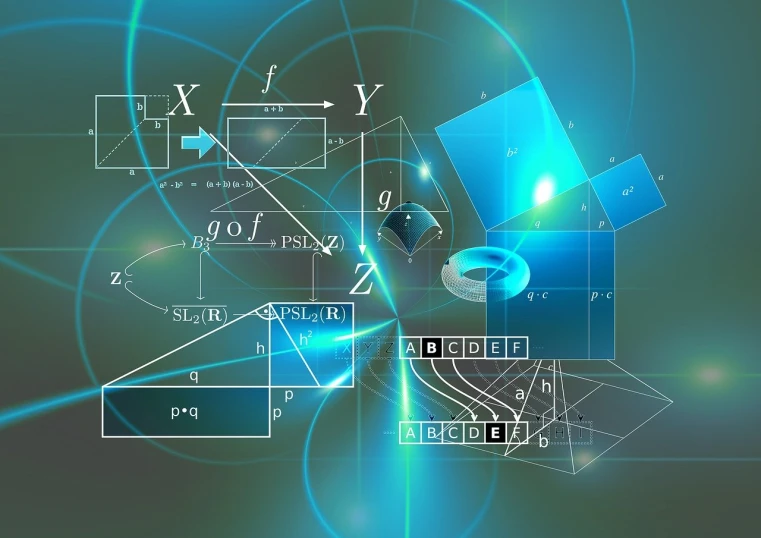 a computer keyboard sitting on top of a table, a computer rendering, by Aleksander Gierymski, digital art, equations, geometric shapes background, portal, various subjects