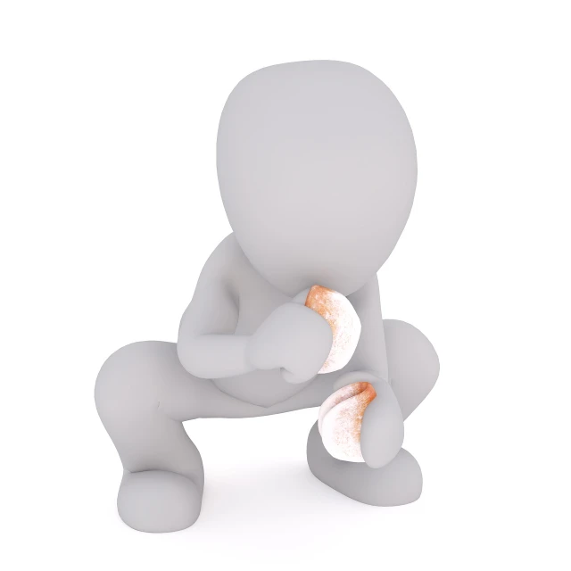 a 3d man with a donut in his hand, a digital rendering, by Anna Füssli, trending on pixabay, squatting pose, chewing, fetus, begging for alms