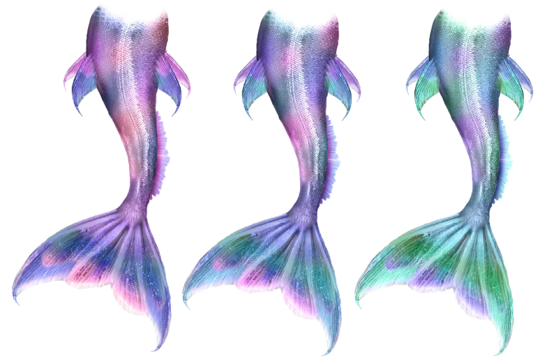 a close up of three mermaid tails on a black background, a raytraced image, by Rhea Carmi, trending on zbrush central, holography, colorful iridescent and playful, front and back view, purple mullet, very grainy image