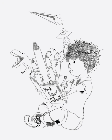 a black and white drawing of a boy flying a kite, a storybook illustration, by Flavia Blois, process art, on a spaceship, holding books, highly detailed sketch, character concept portrait of me