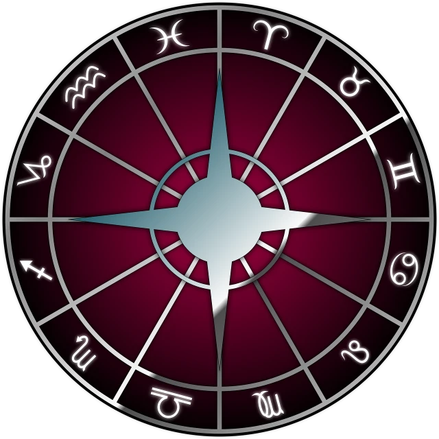 a close up of a clock on a black background, art deco, zodiac signs, no gradients, wine-red and grey trim, compass