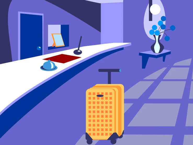 a yellow suitcase sitting on top of a checkered floor, an illustration of, violet colored theme, hotel, corner office background, cart