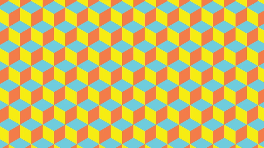 an orange and blue checkered pattern is shown, optical illusion, hexagonal pattern, turquoise pink and yellow, solid cube of light, 6 0's