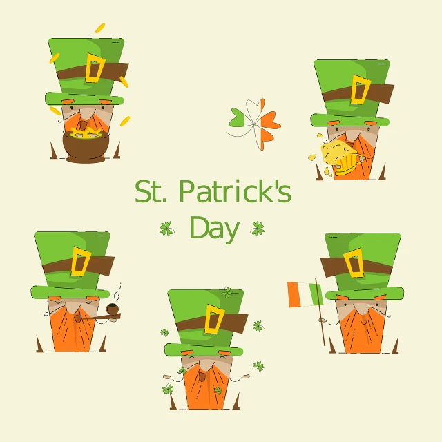 a set of four st patrick's day illustrations, concept art, conceptual art, low polygons illustration, caracter with brown hat, trash, symmetrical illustration