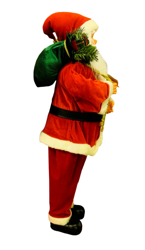 a santa claus figurine carrying a bag of presents, a photo, by Susan Heidi, 7 feet tall, full body profile camera shot, extremely realistic, c1976