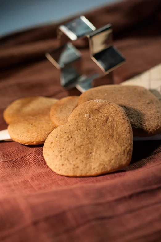 a couple of cookies sitting on top of a bed, by Sylvia Wishart, flickr, renaissance, several hearts, close-up product photo, cinnamon, spoon