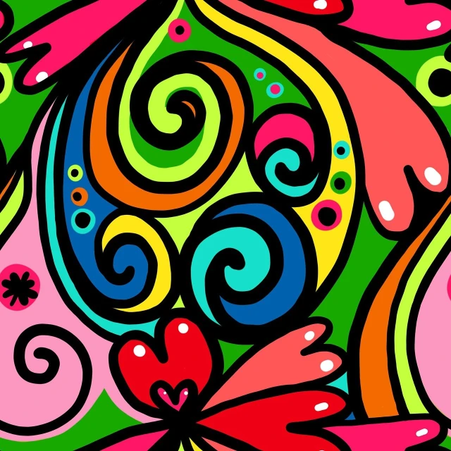 a painting of colorful flowers and swirls on a black background, an abstract drawing, inspired by Peter Max, trending on pixabay, toyism, !!! very coherent!!! vector art, bright green swirls coming up it, psychedelic swimsuit, mini. abstract illustration