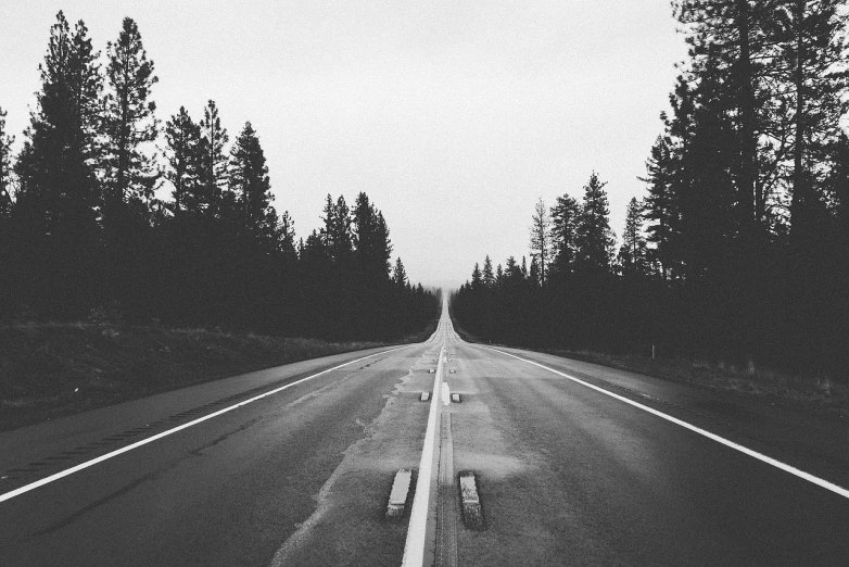 a black and white photo of an empty road, unsplash, 🌲🌌, asphalt and metal, forest in the background, freeway