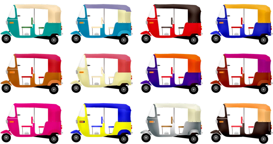 a group of colorful tuk - tuks sitting on top of each other, inspired by Dahlov Ipcar, [ digital art ]!!, spritesheet, sri lanka, 6
