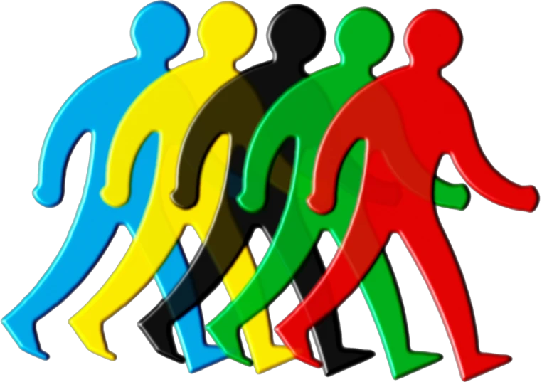 a group of people that are standing in a line, a digital rendering, by Allen Jones, trending on pixabay, synchromism, photo from the olympic games, colorful signs, man walking, 4 colors!!!