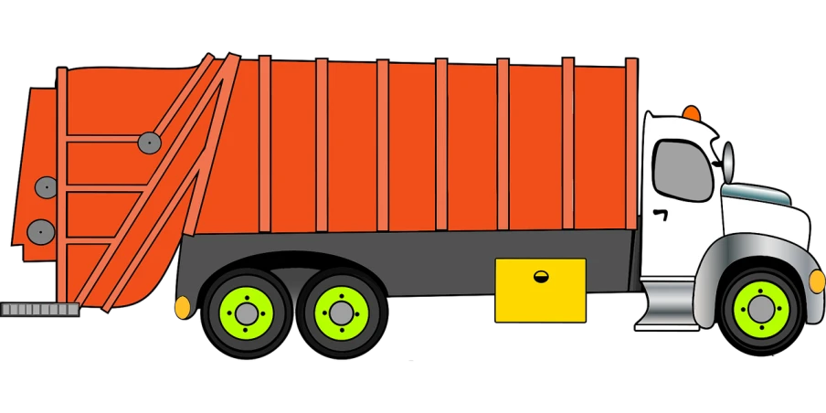 a white and orange dump truck on a black background, pixabay, mingei, rubber hose animation, trailer-trash lifestyle, full color illustration, view from the side