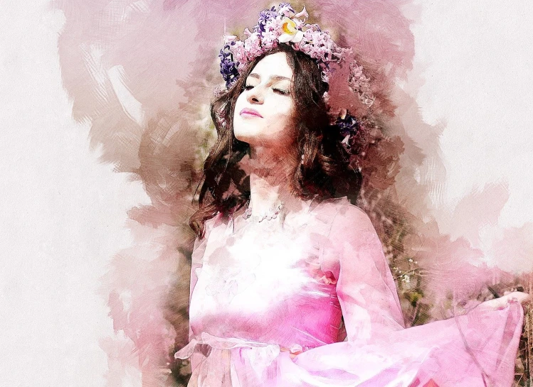 a painting of a woman in a pink dress, a digital painting, inspired by Edwin Austin Abbey, trending on pixabay, a portrait of lana del rey, watercolor effect, goddess of love and peace, rachel weisz portrait