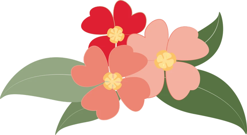 a bunch of flowers with leaves on a black background, a digital rendering, inspired by Masamitsu Ōta, sōsaku hanga, cute:2, pink and red color style, loosely cropped, manuka