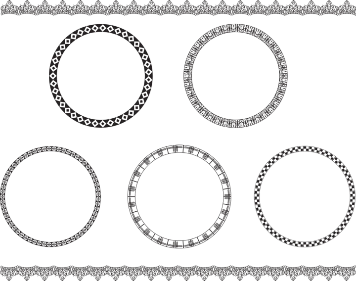 a set of four circular frames on a black background, a digital rendering, inspired by Sesshū Tōyō, deviantart, op art, black lace, belts, background ( dark _ smokiness ), mehndi patterns