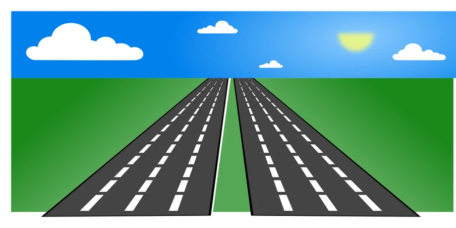 a road in the middle of a green field, an illustration of, pixabay, highway, sunny day time, avoid symmetry, black road