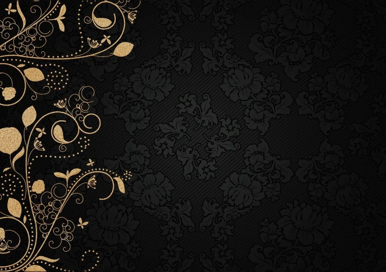 a black and gold wallpaper with a floral design, vector art, phone wallpaper hd, flower frame, ornate clothing, background image