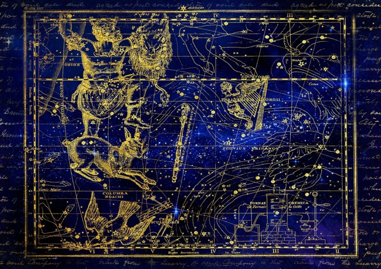 a blue and gold map of the night sky, digital art, hermetic, star charts, poseidon, old scientific document