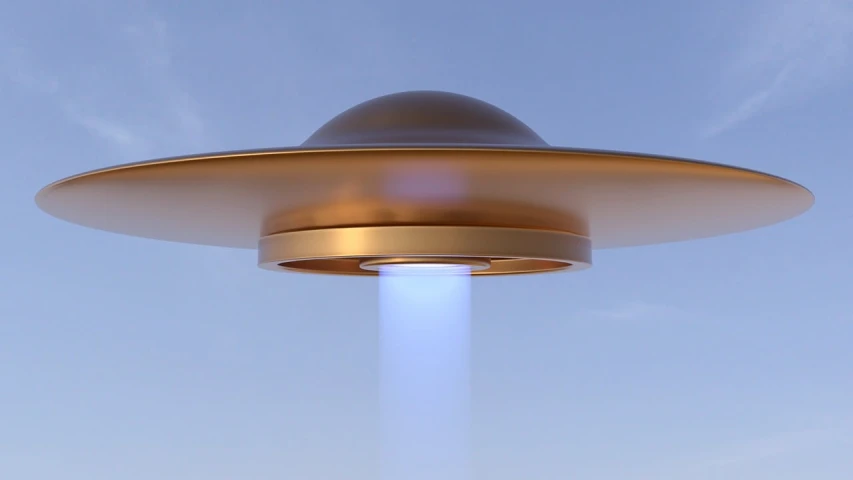 an image of a flying saucer in the sky, a hologram, by Julian Allen, shutterstock, rendered in cinema4d, gold, sombrero, exterior shot