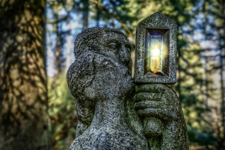 a statue holding a lantern in a forest, a statue, by Raymond Normand, symbolism, hdr refractions, old cemetery, searchlight, ears shine through the light