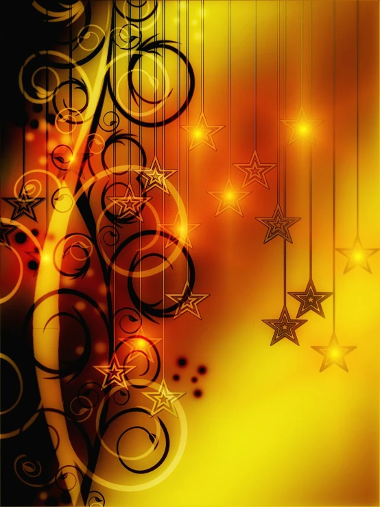a christmas background with stars and swirls, inspired by Rodney Joseph Burn, gold and black metal, glowing drapes, yellow and ornage color scheme, wrought iron