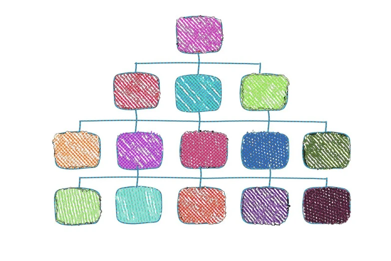 a drawing of a pyramid of colored squares, branching, screen cap, jury, marketing