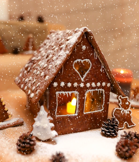 a ginger house sitting on top of a table covered in snow, a tilt shift photo, shutterstock, lit with candles, covered in white flour, gingerbread people, rendered in 4 k