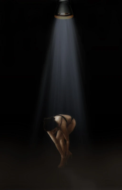 a woman kneeling under a light in the dark, conceptual art, high res render, the depths of depravity, holy rays, bodyless