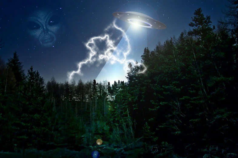 an alien flying over a forest at night, a hologram, surrealism, thunderstorm in the sky, ¯_(ツ)_/¯, thundra ufo crash site, saturn in the sky