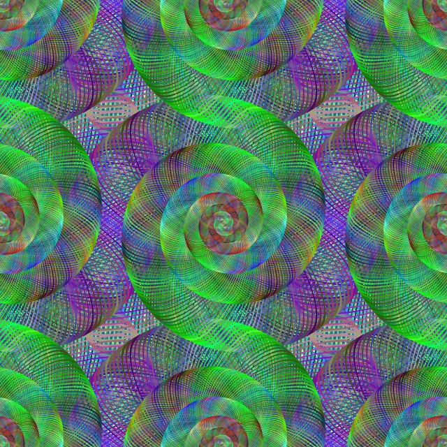 a multicolored background with a spiral design, inspired by Lorentz Frölich, tiled, some green and purple, guilloche, repeating pattern. seamless