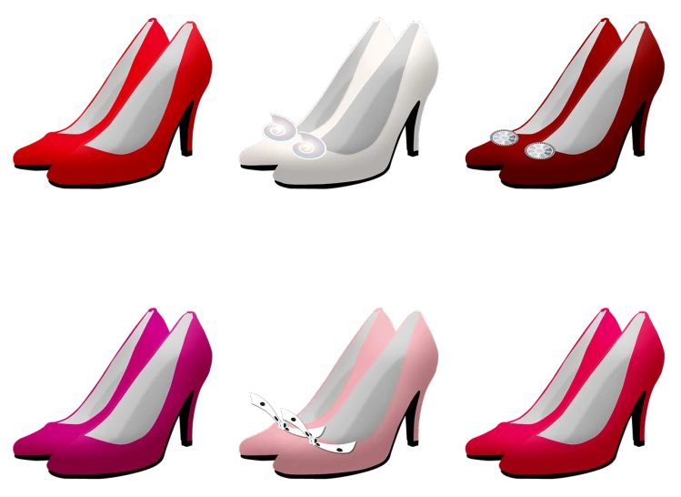 a set of nine different colored high heel shoes, an illustration of, inspired by Manolo Millares, trending on pixabay, silver white red details, with a black background, princess, shades of pink