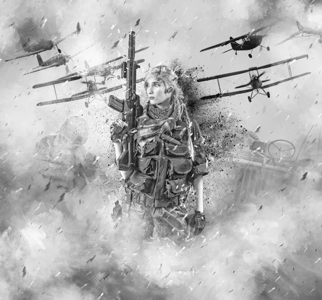 a black and white photo of a woman holding a gun, inspired by Grzegorz Domaradzki, digital art, air support, background aerial battle, mgs, raining ash