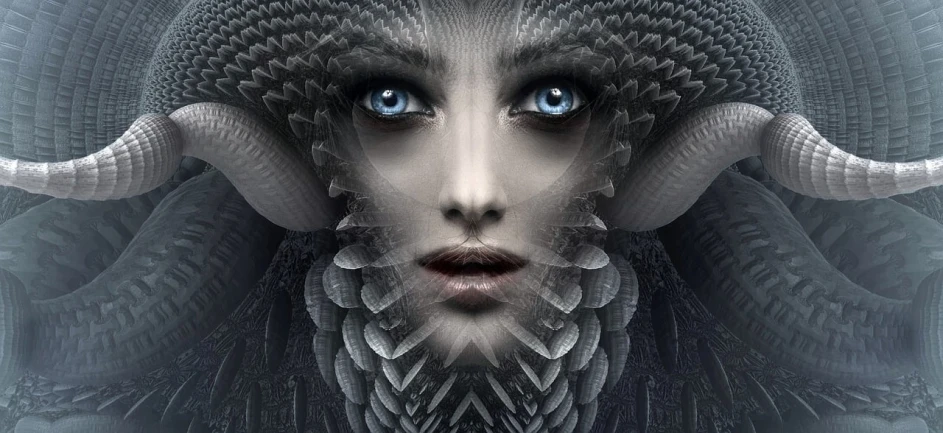 a close up of a woman with horns on her head, digital art, inspired by Marco Mazzoni, gothic art, fractal biomech, symmetric wings, gray anthropomorphic, symmetric azure eyes